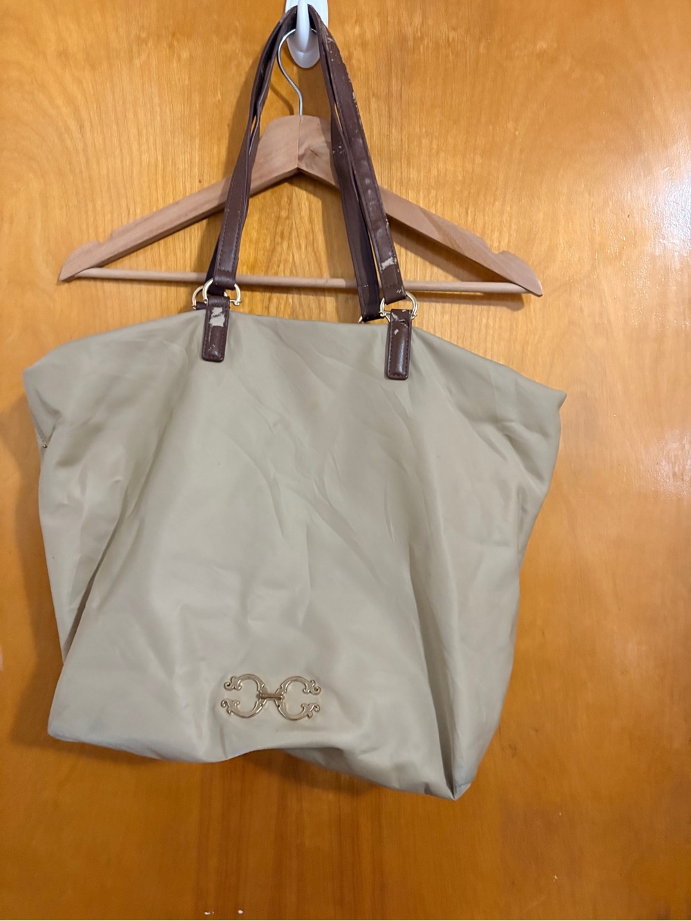 Classic Neutral Tote Bag with Brown Handles